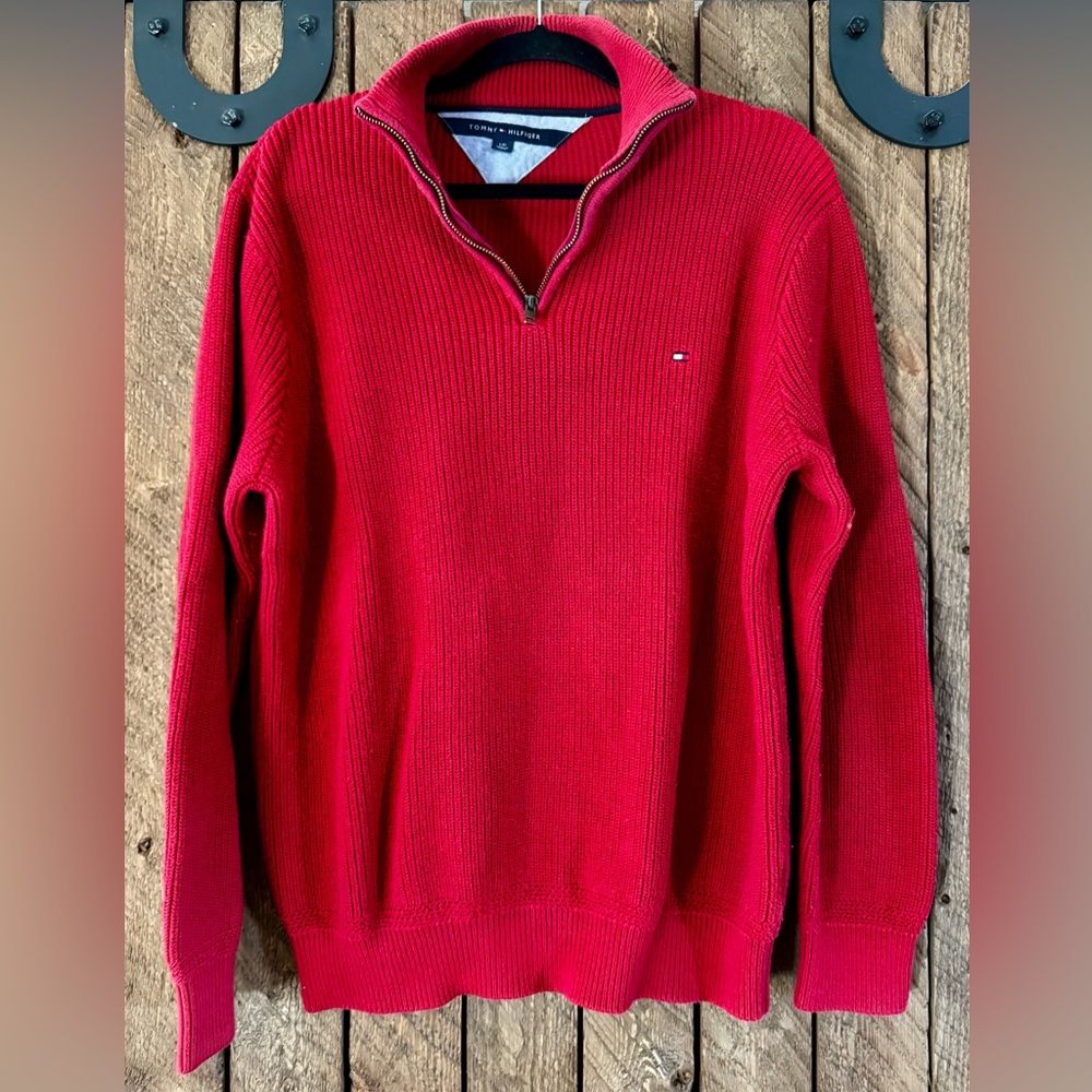 Tommy Hilfiger Red Zip Up Sweater Vibrant Knit